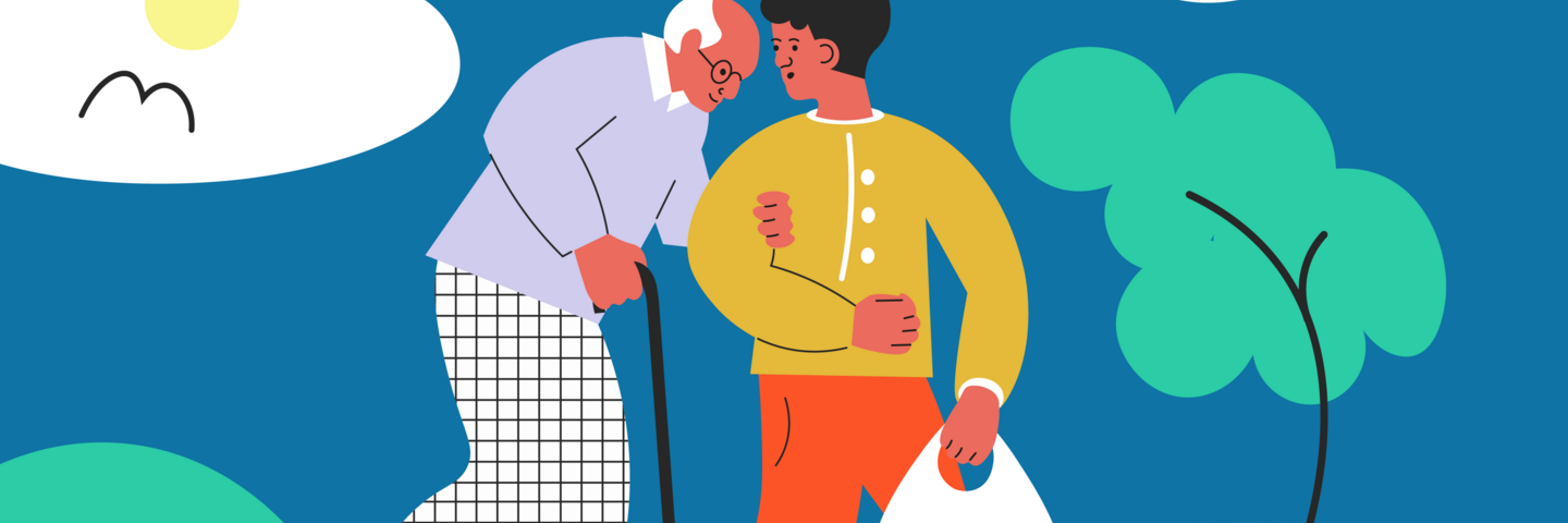 Illustration: Junger Mensch stützt älteren Mann mit Stock