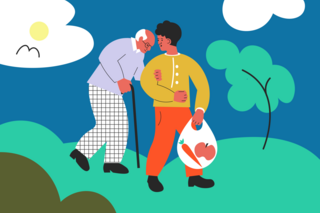 Junge Perosn hilft alter Person den Einkauf zu tragen