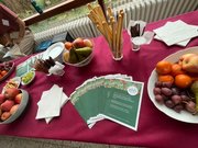 Tisch mit Flyern und Snacks