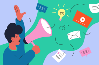 Perosn mit Megaphone ruft Ideen in die Welt hinaus