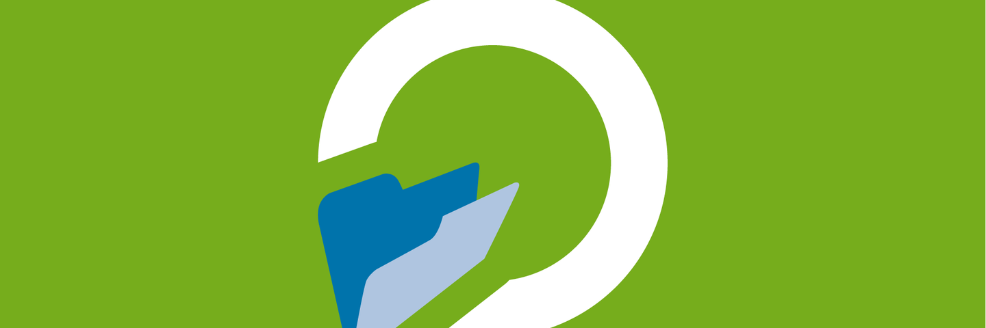 Stilisiertes Icon: Weißer Kreis auf grünem Hinterrund mit blauem Aktendeckel links unten.