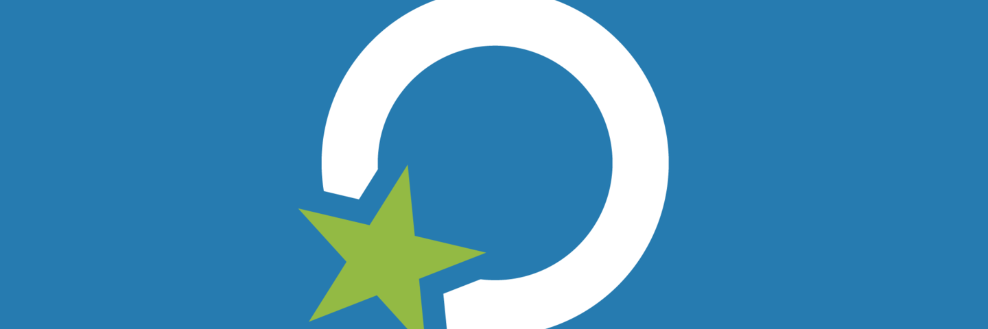 Das Bild zeigt ein stilisiertes Icon: Weißer Kreis auf blauem Grund mit grünem Sterm links unten. 