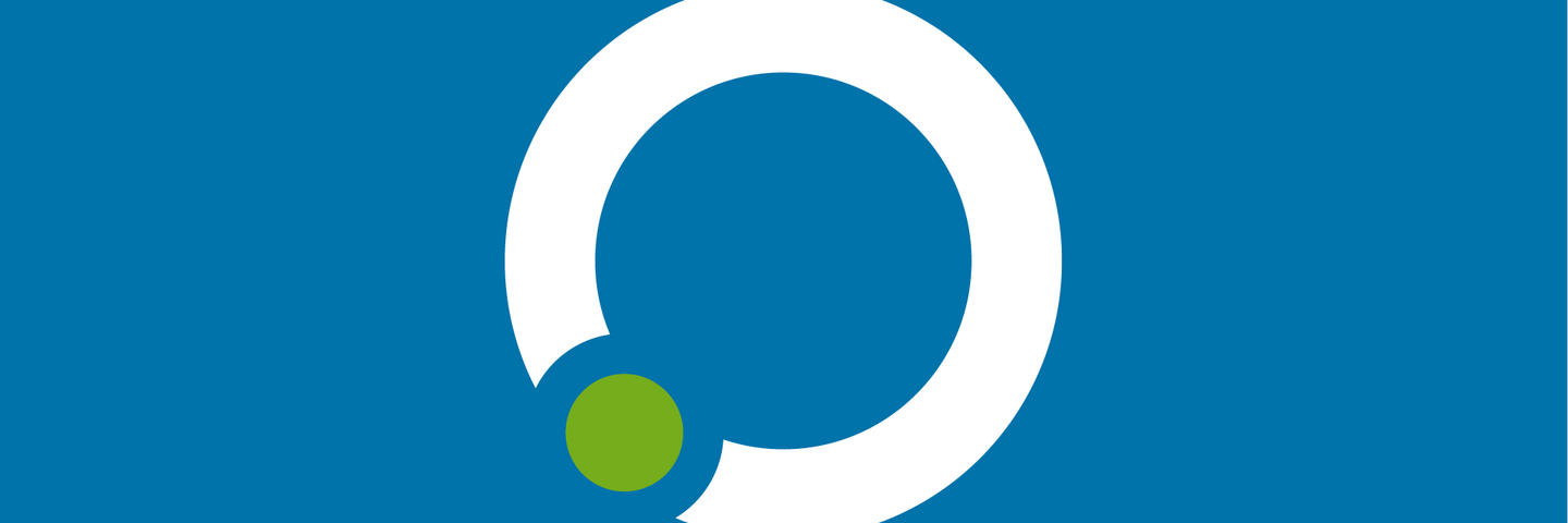 Stilisiertes Icon: Weißer Kreis auf blauem Grund und grünem Punkt links unten. 