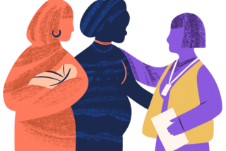 Ein farbiges Skizzenhaften Bild mit der Silhuette von 3 Personen. Eine hält ein Kind in den armen