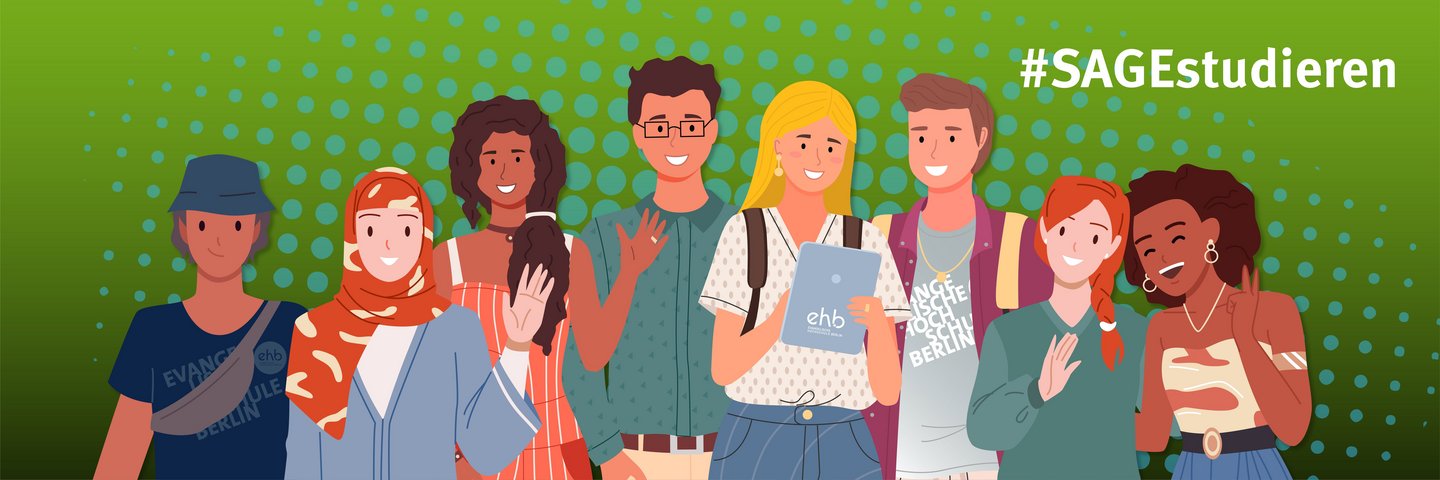 ﻿Grafisches Motiv der Studienwerbung ehb.open houese 2025 zeigt unterschiedliche junge Leute
