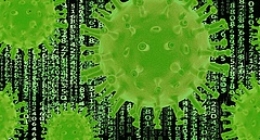 Corona Virus mit Zahlen und Buchstaben im Hintergrund
