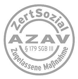 graues Logo auf weißem Hintergrund mit Aufschrift: ZertSozial, AZAV, §179 SGB 3, Zugelassene Maßnahme