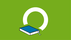 Das Bild zeigt ein stilisiertes Icon: Weißer Kreis auf grünem Grund mit einem Blauen Buch mit Lesezeichen links unten n.