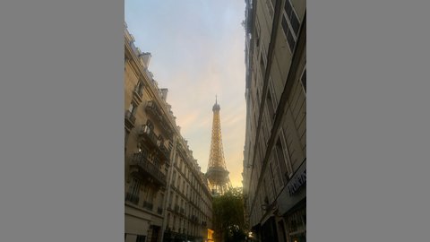 Das Bild zeigt den Eiffelturm bei Sonnenuntergang.